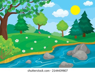 Vektorgrafik der sonnigen Sommerlandschaften am Fluss