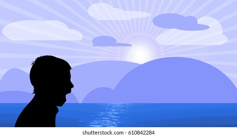 Vector illustration with sunrise clouds and boy