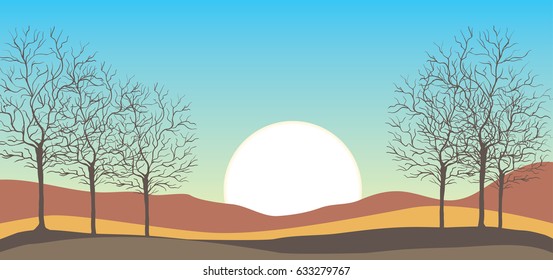 Vector illustration of sunrise in desert, leafless dry trees
nature landscape