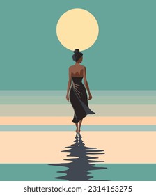 Vector illustration at sunrise a girl in a hat on vacation walks along the ocean shore flat illustration pastel palette