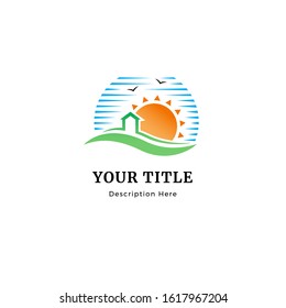 Vector Illustration of a Sunrise Logo. Sunrise over a field with house. Perfect for Logos, symbols, signs and emblems - EPS10