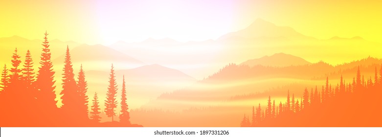 Vector illustration, sunrise in the mountains. Panoramic view.