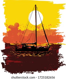 the vector illustration of the sunrise on the ocean with silhouette a boat