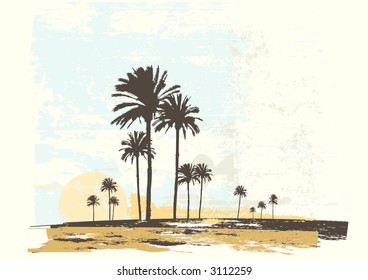 Vector illustration of  sunrise on the ocean coast. Grunge style