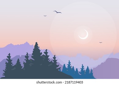 Ilustración vectorial de un amanecer sobre un hermoso paisaje rural con montañas. Ilustración con espacio para texto.