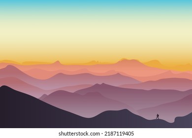 Ilustración vectorial de un amanecer sobre un hermoso paisaje rural con montañas. Ilustración con espacio para texto.