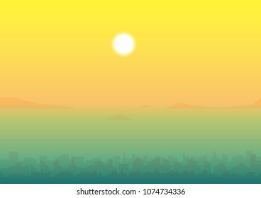 vector illustration of sunrise over city  in the bay, island and yacht silhouettes 