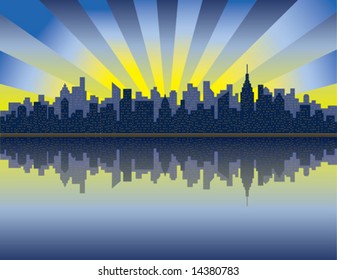 A vector illustration of sunrise over Manhattan from the Hudson River.
