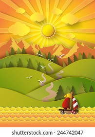 Vector illustration sunrise over mountain. paper art style.