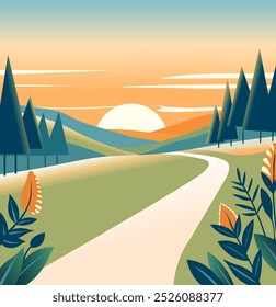 Una Ilustración vectorial de un amanecer sobre colinas onduladas y un paisaje tranquilo. Una escena tranquila al aire libre, ideal para proyectos ambientales o de temática natural.