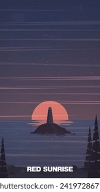 Vector illustration. Sunrise or sunset poster. Evening or morning at sea. A lonely lighthouse in the silence of the surf. Vertical nautical background for your projects.