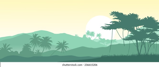 Vector illustration of sunrise in the tropical mountains