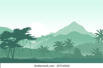 Vector illustration of sunrise in the tropical mountains