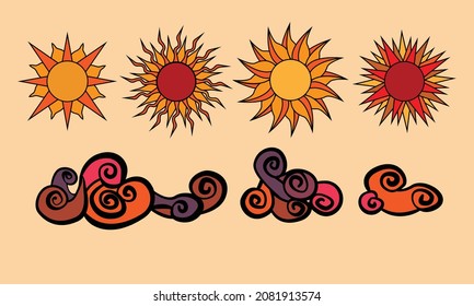 Vector illustration of suns and clouds in different style.