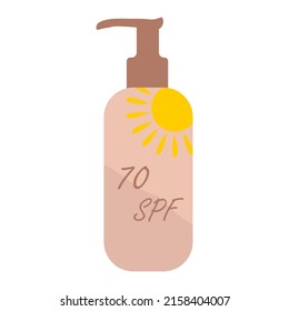 Ilustración vectorial de un protector solar con 70 spf. En una botella de dispensador. tonos beige-marrón-marrón-marrón, con sol amarillo
