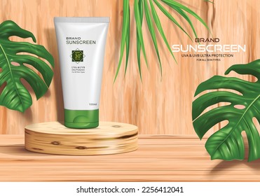 vector illustration sunscreen ad design template. realistic sunscreen tube on the wooden background.use for cosmetic advertising banner and poster design.