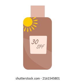 Ilustración vectorial del balde corporal del protector solar con 30 spf. Protector solar, protección solar para las vacaciones de verano.tonos beige-marrón y sol amarillo