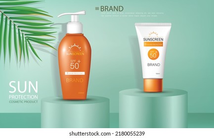 vector illustration sunscreen cosmetic product design template, on green color background.