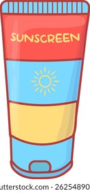 Vector illustration of sunscreen cream tube with sun symbol. Summer skincare protection product icon for vacation, beach, UV safety, sunburn prevention. Flat cartoon style isolated on white.