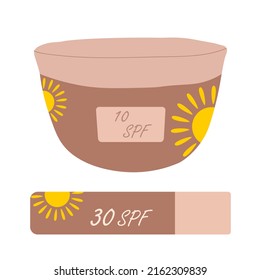 Vector illustration of sunscreen lip balm with 30 spf and face sunscreen. beige-brown tan tones, with yellow sun 