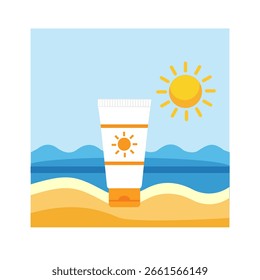 Vector illustration of a sunscreen tube on a beach on a bright, sunny day