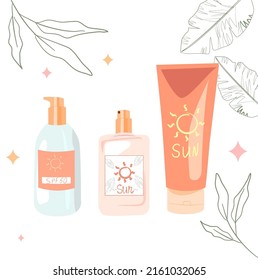 A vector illustration of sunscreen will scandalize. Tube, spray, jar. Skin care, protection from sunlight and burns. Summer cosmetics with protect against saline as a tonic Essentials Cream. Spray 