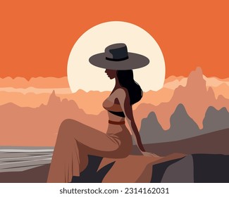 Vector illustration at sunset background mountains sun girl in a hat on vacation sitting on a stone rock on the ocean flat illustration pastel palette