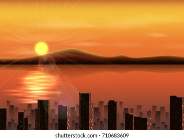 Vector illustration of Sunset background with mountains and city in the river