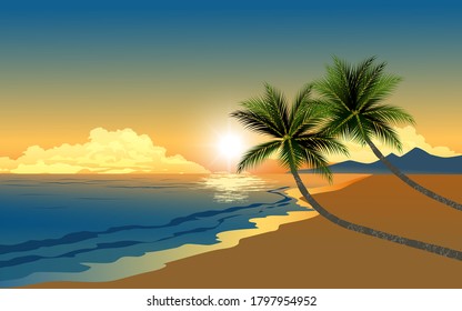 Vector illustration of sunset in the beach