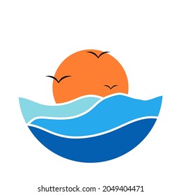 Vector illustration of sunset at the beach with bird silhouette.