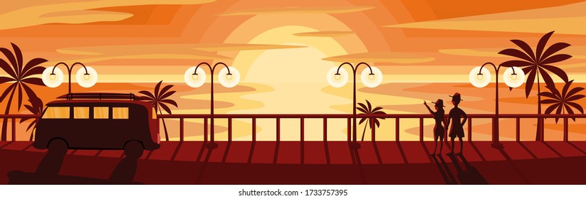 Vector And Illustration Of Sunset Beach Panoramic View With Walkway, Couple Watching Sunset And Van In Flat Cartoon Design.