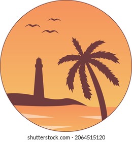 Vector illustration of sunset beach sea sky palm tree