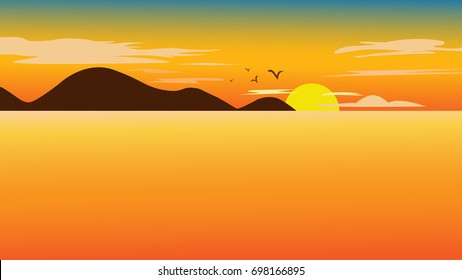 Vector illustration of sunset in beach and tropical sea background