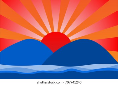 Vector illustration of sunset in beach and tropical sea japan style