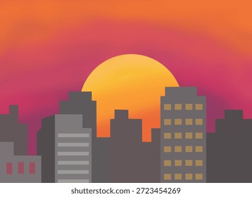 Vektorgrafik des Sonnenuntergangs hinter dem Gebäude.