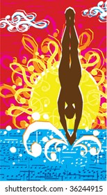 vector illustration of a sunset behind a figure diving