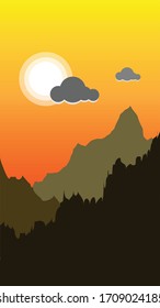 Vector illustration of the sunset behind the hill covered by thick forest and cloud running over the sun