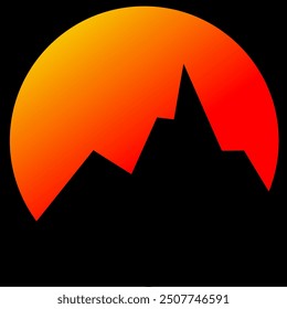 Ilustración vectorial de un atardecer detrás de una silueta montañosa.