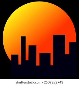 Vektorgrafik des Sonnenuntergangs hinter den Silhouetten städtischer Gebäude 