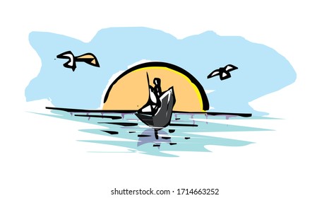 Vector Illustration Sunset Boat Stock Vector (Royalty Free) 1714663252