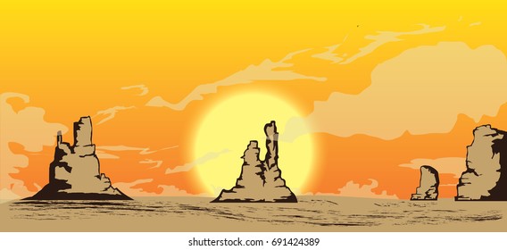 vector illustration of sunset in the canyon
rocks, sun, desert