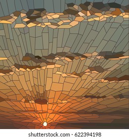 Vector illustration of sunset with clouds in stained glass window.