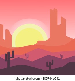 Vector illustration of sunset in the desert. beautiful background