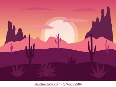 Vector illustration of sunset and desert in flat cartoon style. Horizontal panoramic view with mountains and cactus. 