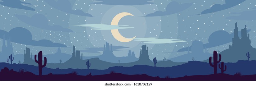 Vector illustration of sunset desert landscape. Wild Western Texas desert on night time with mountains, cactus with star and moon on the sky in flat cartoon style.
