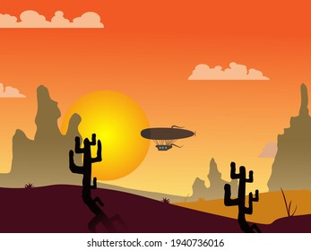 Vector Illustration Of Sunset Desert Landscape. Wild Western Texas Desert Sunset With Mountains And Cactus In Flat Style.