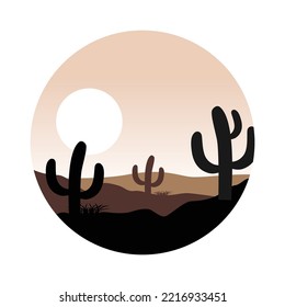 Vector Illustration Of Sunset Desert Landscape. Wild Western Texas Desert Sunset With Cactus In Flat Cartoon Style.