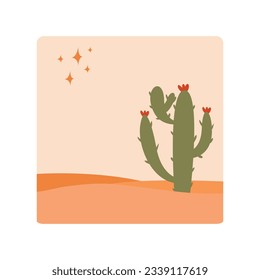 Vector illustration of sunset desert landscape. Wild Western Texas desert sunset with mountains and cactus in flat cartoon style.