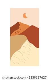Vector illustration of sunset desert landscape. Wild Western Texas desert sunset with mountains and cactus in flat cartoon style.