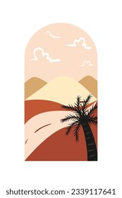 Vector illustration of sunset desert landscape. Wild Western Texas desert sunset with mountains and cactus in flat cartoon style.
